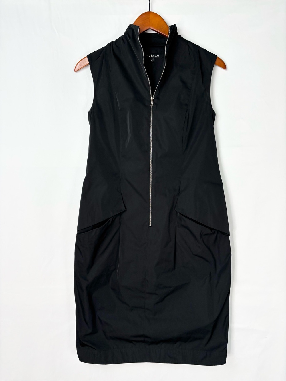 Lida Baday Half Zip Midi Dress Mock Neck Size 4 Black Pockets